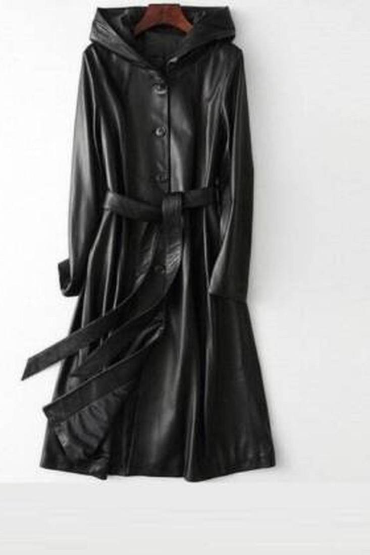 Women’s longline black leather trench coat oversized silhouette