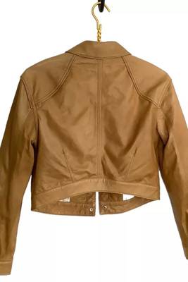 Women brown lambskin leather jacket-button style trucker jacket 2