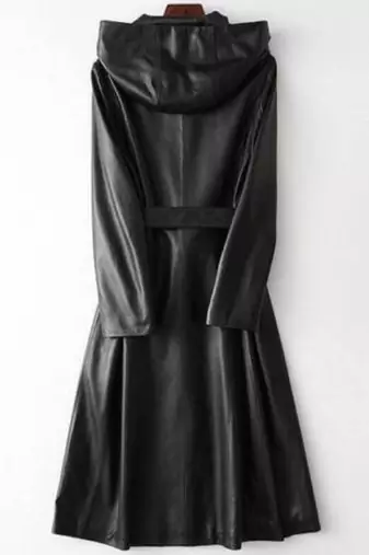 Women’s longline black leather trench coat oversized silhouette