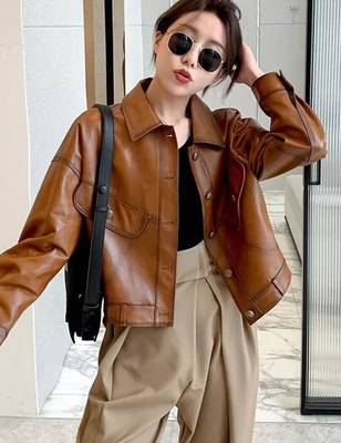 Women brown lambskin leather jacket-button style trucker jacket 3