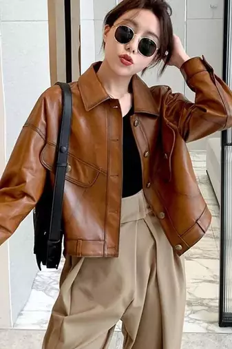 Women brown lambskin leather jacket-button style trucker jacket