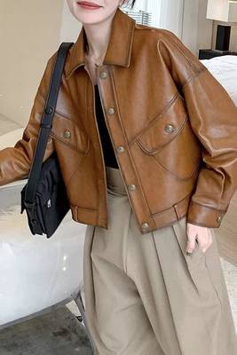 Women brown lambskin leather jacket-button style trucker jacket 4