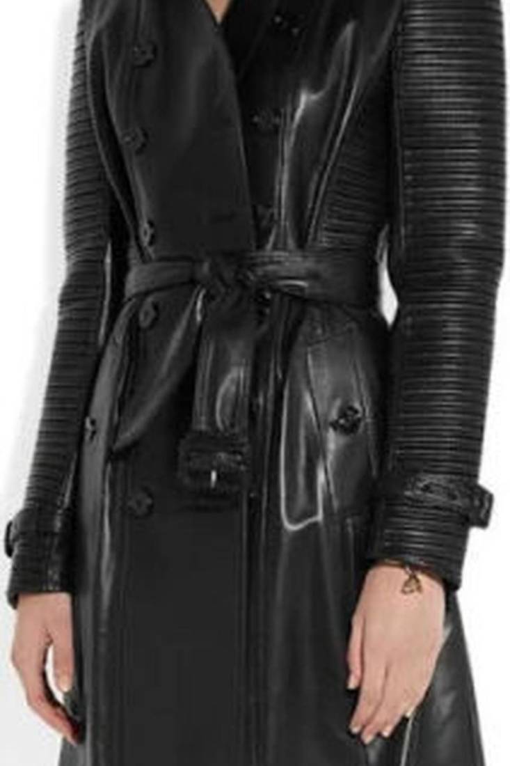 Women’s longline black quilted leather trench coat oversized silhouette