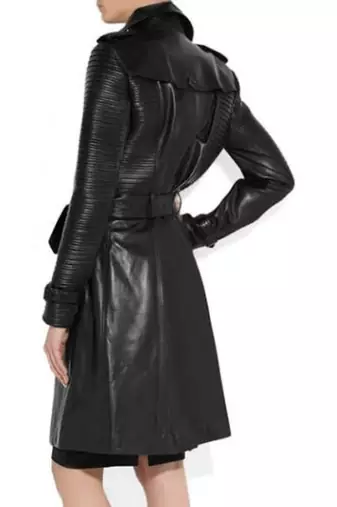 Women’s longline black quilted leather trench coat oversized silhouette