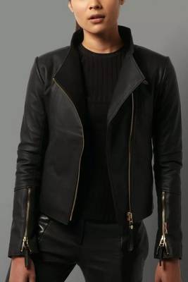 Women’s black zipper lambskin leather jacket slim fit 1