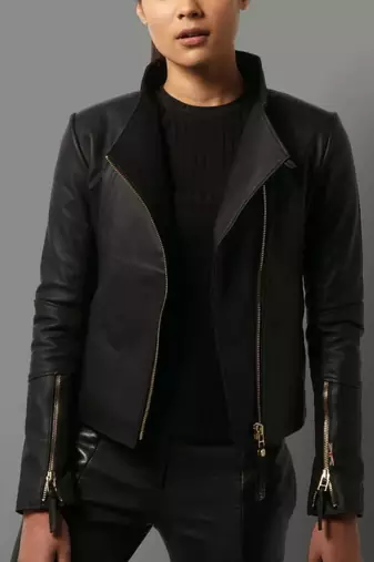 Women’s black zipper lambskin leather jacket slim fit
