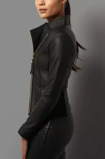 Women’s black zipper lambskin leather jacket slim fit