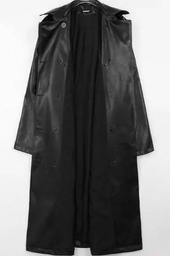 Women’s longline black  leather trench coat belted