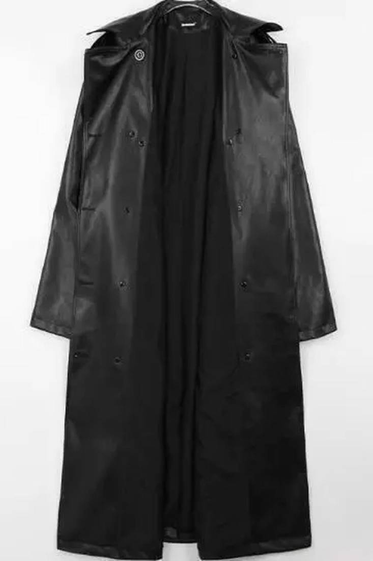 Women’s longline black  leather trench coat belted