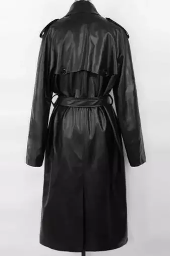 Women’s longline black  leather trench coat belted