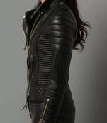 Women’s black zipper lambskin leather jacket slim fit quilted shoulder