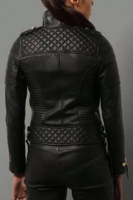 Women’s black zipper lambskin leather jacket slim fit quilted shoulder 2
