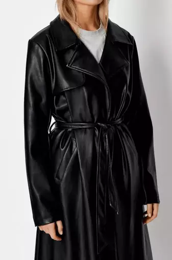 Women’s longline black leather trench style coat belted