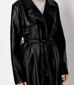 Women’s longline black leather trench style coat belted