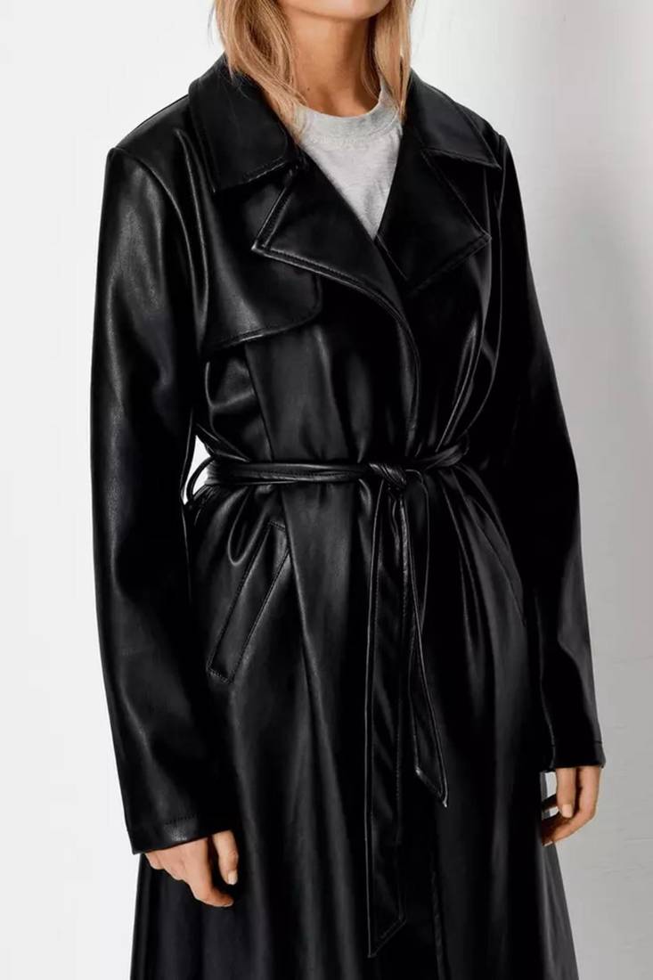 Women’s longline black leather trench style coat belted
