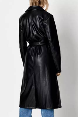 Women’s longline black leather trench style coat belted 2
