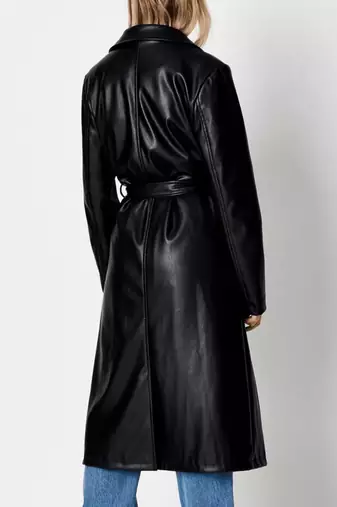 Women’s longline black leather trench style coat belted