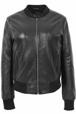 Women’s black lambskin leather jacket- rib collor and waist 1