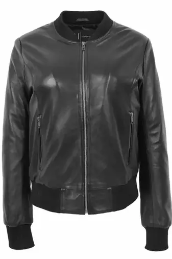 Women’s black lambskin leather jacket- rib collor and waist