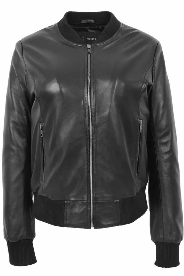 Women’s black lambskin leather jacket- rib collor and waist