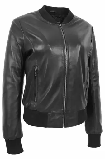 Women’s black lambskin leather jacket- rib collor and waist