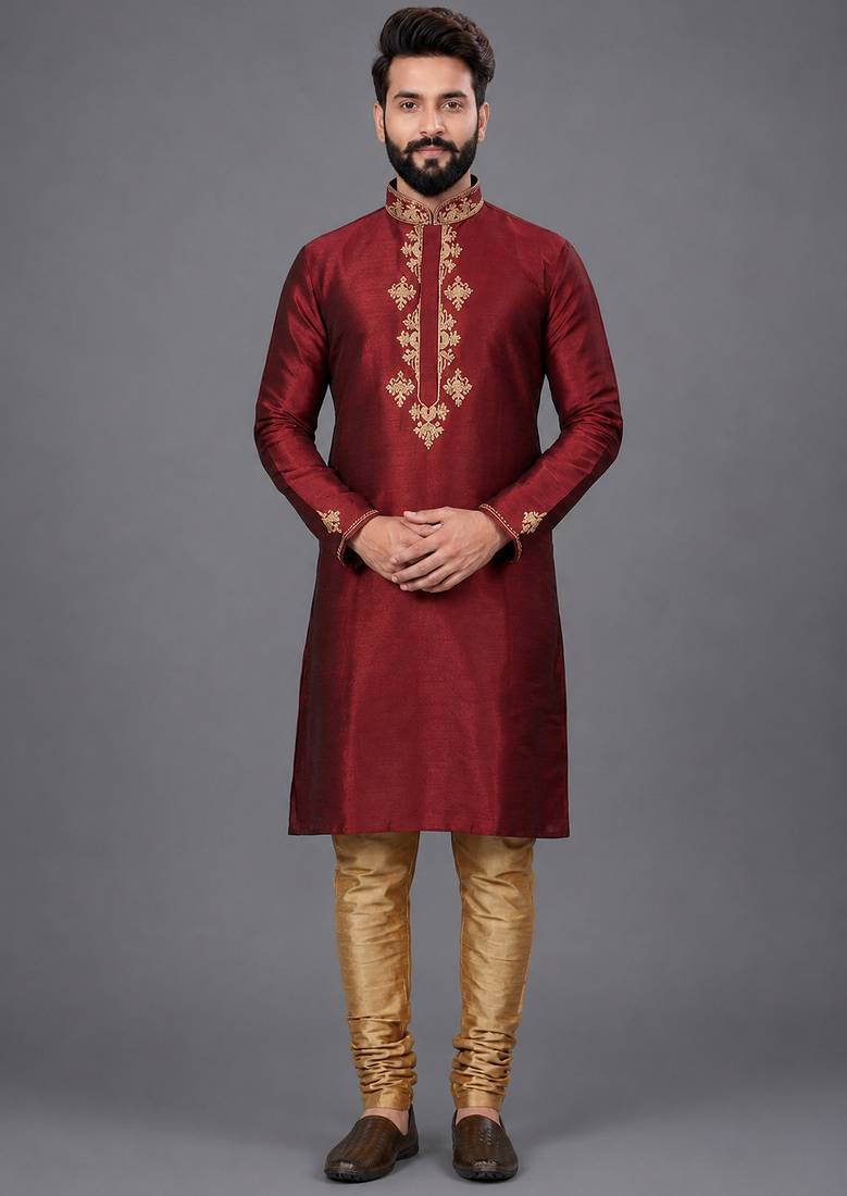 Maroon art silk kurta pyjama