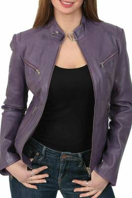 Women’s purple 4 zip pockets lambskin leather jacket slim fit 1