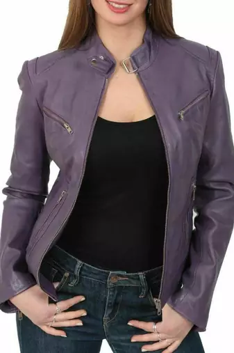 Women’s purple 4 zip pockets lambskin leather jacket slim fit