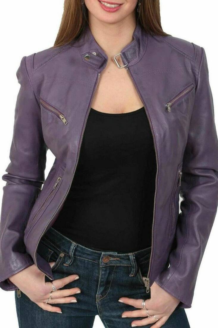 Women’s purple 4 zip pockets lambskin leather jacket slim fit