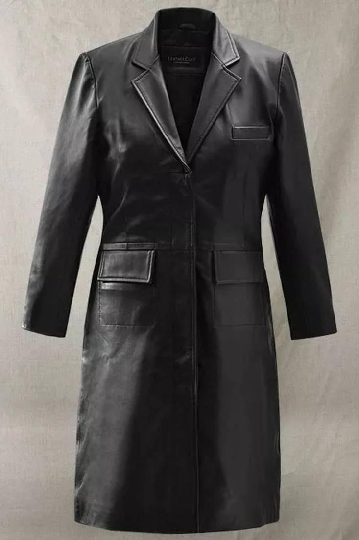 Women’s black leather trench coat full sleeve 2 pockets