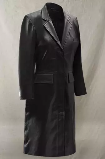 Women’s black leather trench coat full sleeve 2 pockets