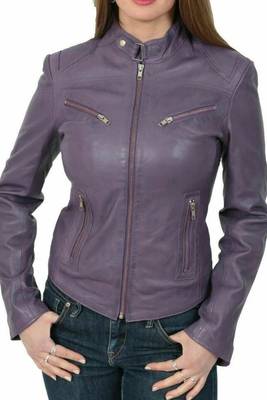 Women’s purple 4 zip pockets lambskin leather jacket slim fit 3