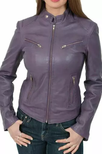 Women’s purple 4 zip pockets lambskin leather jacket slim fit