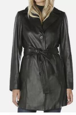 Women’s longline black leather trench style coat belted button style 1