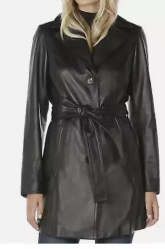 Women’s longline black leather trench style coat belted button style