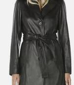 Women’s longline black leather trench style coat belted button style