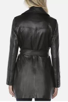 Women’s longline black leather trench style coat belted button style 2