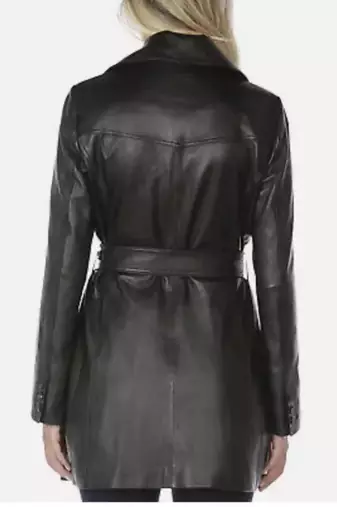 Women’s longline black leather trench style coat belted button style