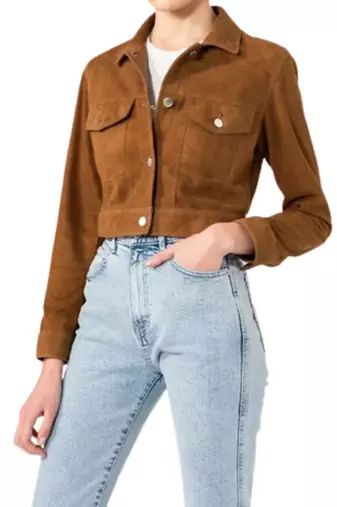 Women’s black suede lambskin leather jacket 2 pocket with button detailing
