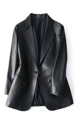 Women’s black leather trench style coat button style 1