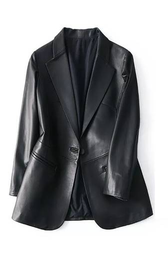 Women’s black leather trench style coat button style