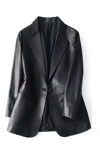 Women’s black leather trench style coat button style