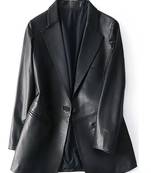 Women’s black leather trench style coat button style