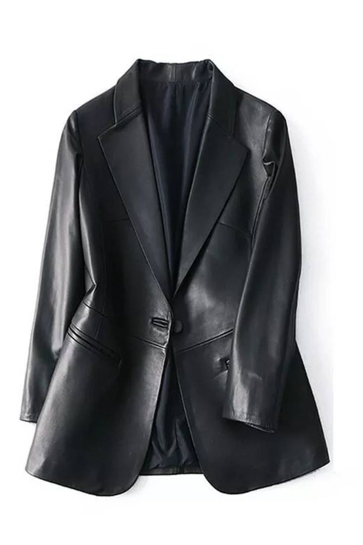 Women’s black leather trench style coat button style