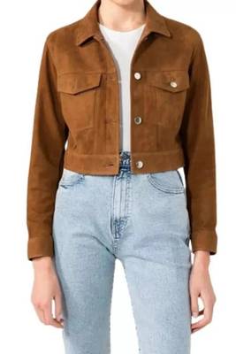 Women’s black suede lambskin leather jacket 2 pocket with button detailing 2