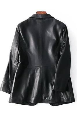 Women’s black leather trench style coat button style 2