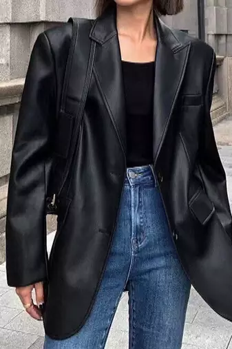 Women’s trench style black mid-length leather coat