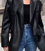 Women’s trench style black mid-length leather coat