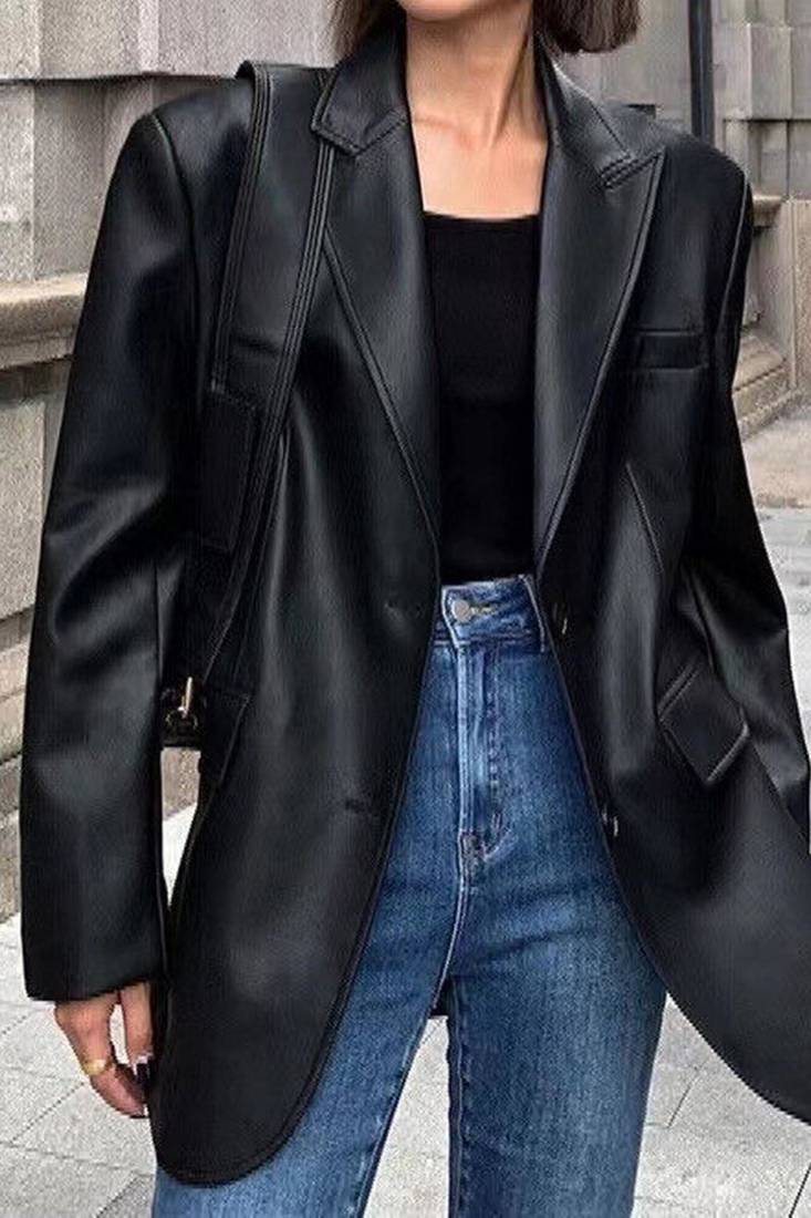 Women’s trench style black mid-length leather coat