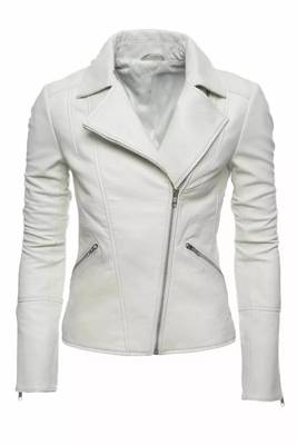Women’s white biker lambskin leather jacket zipper detail 2